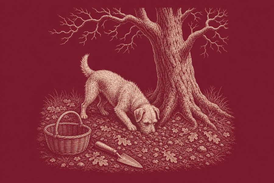 Planche gravée : un chien à poil dur, museau au sol, cherche au pied d’un chêne aux branches nues ; un panier d’osier et une gouge à manche court sont posés sur les feuilles mortes.