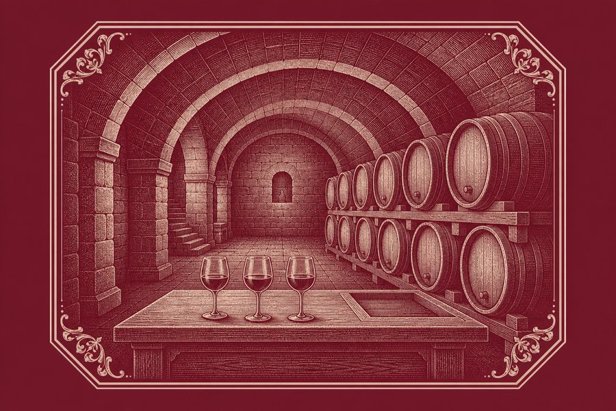 Planche gravée d’une cave voûtée en pierre : deux rangs de fûts de chêne le long du mur, une table de dégustation portant trois verres de vin rouge au premier plan.
