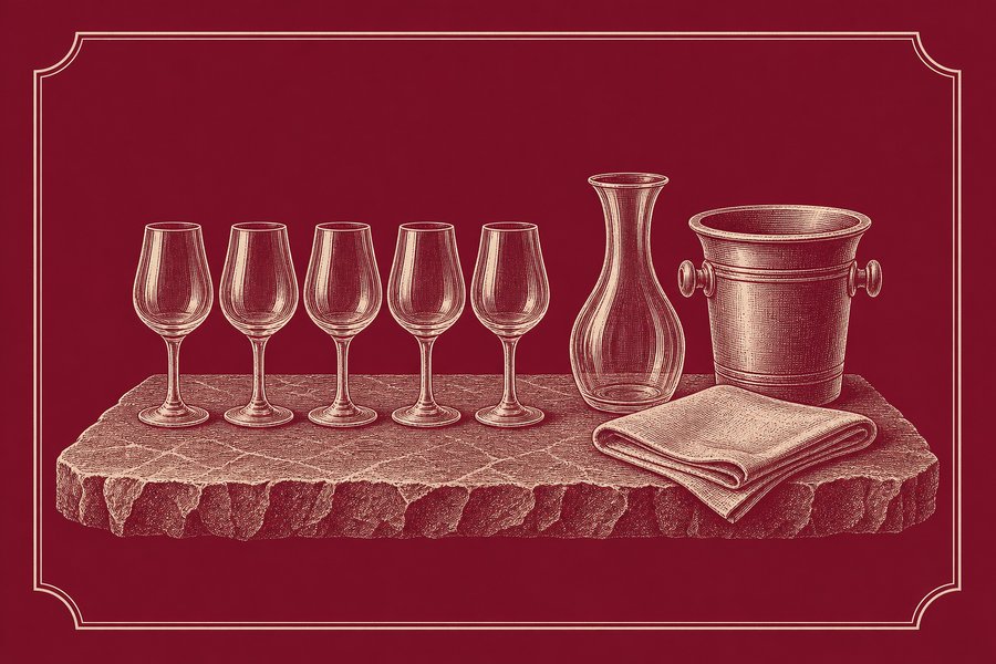Planche gravée de cinq verres de dégustation alignés sur une dalle de pierre brute, une carafe et un seau à crachats à leur droite, un linge plié devant.