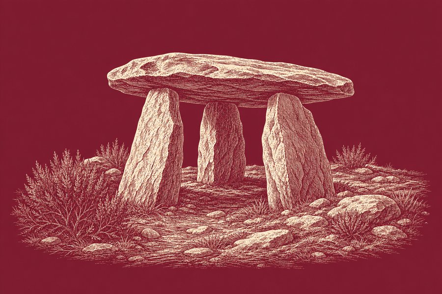 Planche gravée d’un petit dolmen : trois dalles dressées portent une large dalle de couverture, au milieu d’un sol pierreux planté de buissons bas.