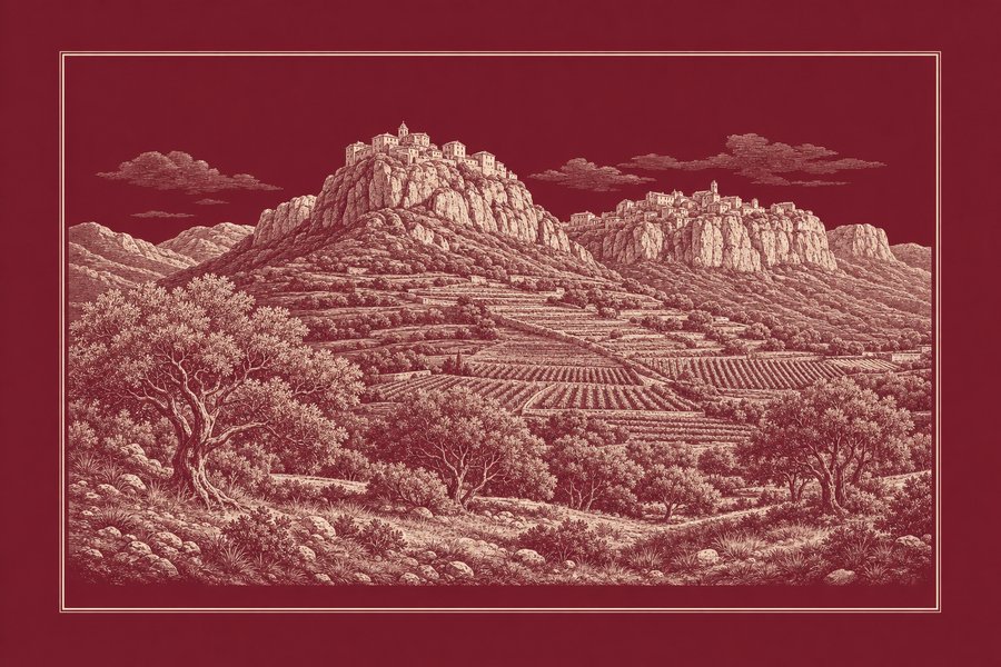 Planche gravée du massif du Luberon : deux villages perchés sur des crêtes calcaires, vignes en terrasses sur les pentes, chênes et oliviers au premier plan.