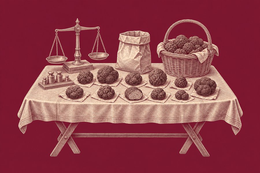 Planche gravée d’un étal de marché de détail : une table à tréteaux nappée, une douzaine de truffes posées chacune sur son carré de papier, une balance à fléau et ses poids à gauche, un sac en papier et un panier garni à droite.