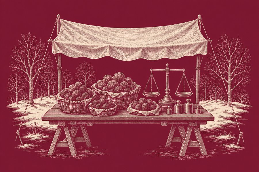 Planche gravée d’un étal de marché d’hiver : paniers d’osier remplis de truffes sur une table à tréteaux, une balance à fléau et ses poids en laiton, une bâche tendue au-dessus, arbres nus derrière.