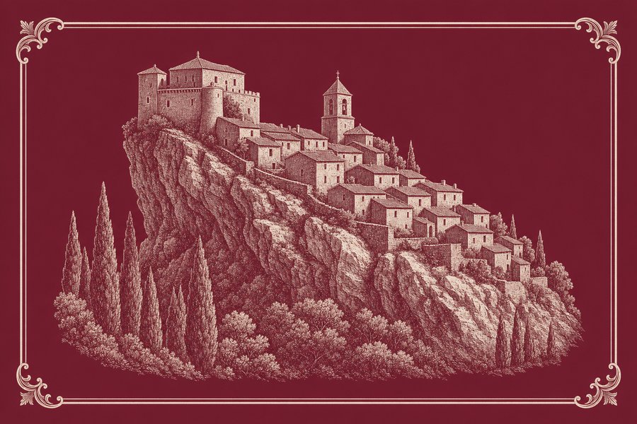 Planche gravée d’un village provençal bâti sur une crête rocheuse étroite : maisons de pierre étagées, clocher, bâtisse fortifiée à la pointe ouest, cyprès en contrebas.