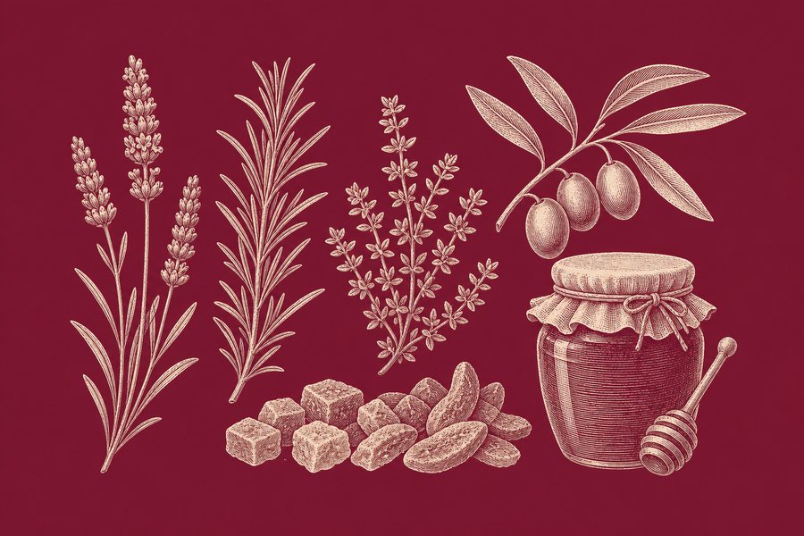 Planche gravée de produits du terroir disposés en spécimens : brins de lavande, romarin et thym, un rameau d’olivier portant des olives, un pot de miel avec sa cuillère, des morceaux de fruits confits.