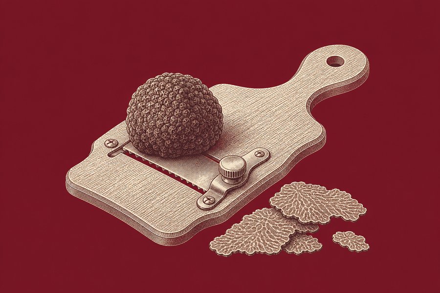 Planche gravée d’une mandoline à truffe : une planche de bois dur percée d’une lame réglable par une molette, une truffe entière posée dessus et quelques lamelles fines tombées à côté.