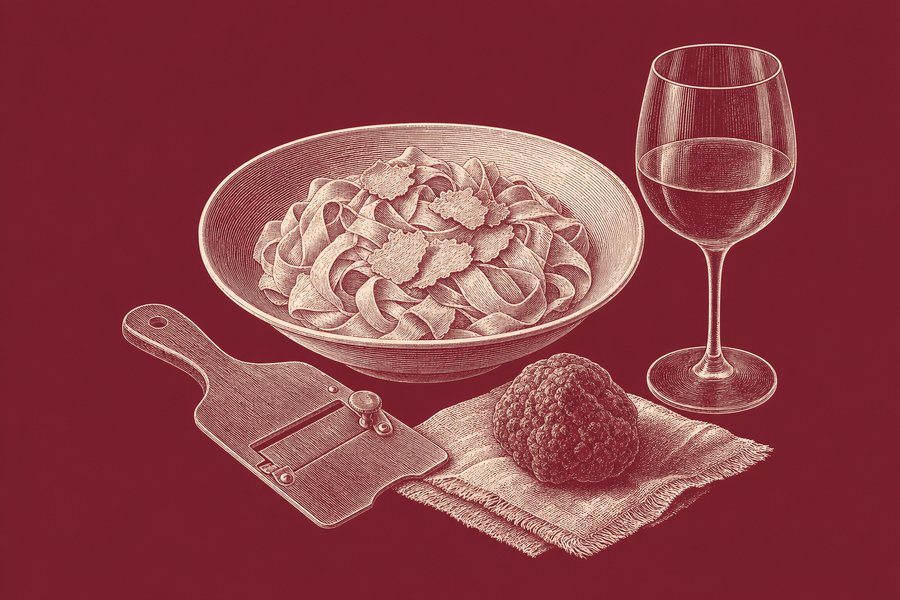 Planche gravée d’un couvert d’hiver : un bol de tagliatelles couvertes de lamelles de truffe, une mandoline à truffe, une truffe entière posée sur un linge, un verre de vin rouge.