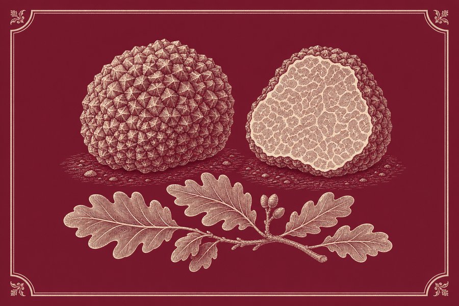 Planche gravée de deux truffes d’été : l’une entière, à l’écorce couverte de grosses verrues pyramidales, l’autre coupée montrant une chair pâle à marbrures larges ; un rameau de chêne et ses glands en dessous.