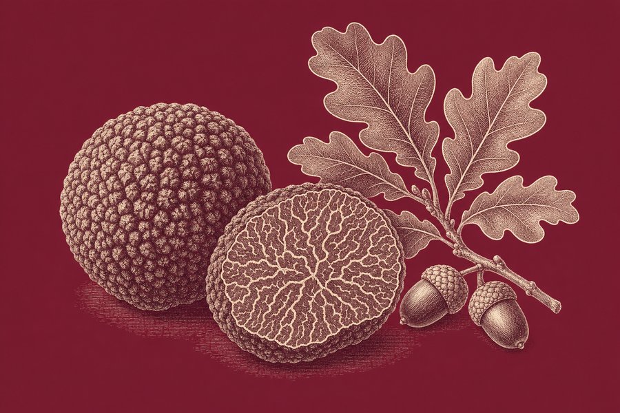 Planche gravée d’une truffe noire entière, verrucosa, à côté d’une truffe coupée en deux montrant la chair veinée de blanc, avec un rameau de chêne portant des glands.