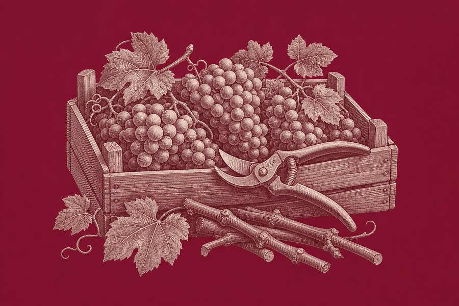 Planche gravée d’une caisse de vendange en bois remplie de grappes et de feuilles de vigne, un sécateur posé en travers du bord, des sarments coupés devant.