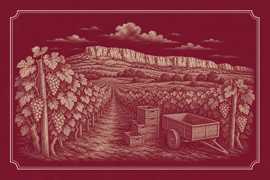 Planche gravée d’un vignoble en vendange : des rangs de vigne chargés de grappes montent vers une barre rocheuse calcaire, des caisses vides empilées et une remorque à deux roues en bout de rang.