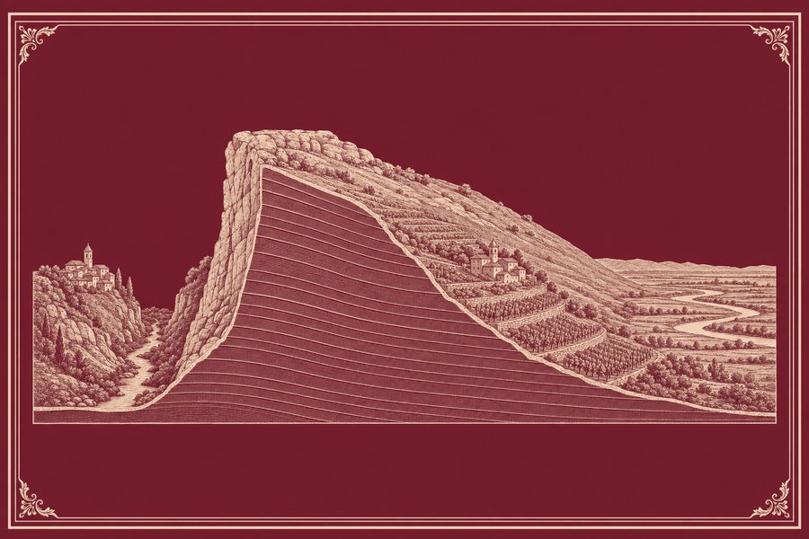 Planche gravée d’une coupe de relief. Au centre, une crête calcaire dont les bancs se lisent en hachures parallèles. À gauche, une courte paroi raide tombe sur un vallon étroit où coule un ruisseau, un village à clocher perché sur un éperon au-dessus. À droite, une pente plus longue descend en terrasses de pierre sèche plantées d’arbres et de vignes, un second village à mi-pente, puis la plaine et sa rivière au loin.