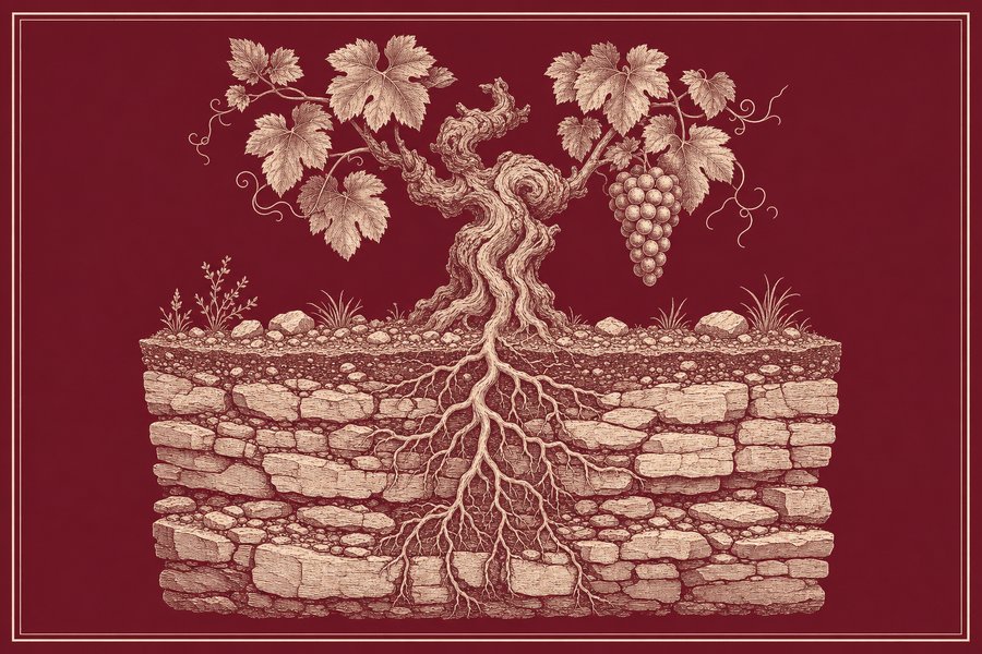 Planche gravée d’un cep de vigne noueux portant une grappe, au-dessus d’une coupe de sol montrant les racines qui descendent à travers des strates de calcaire.